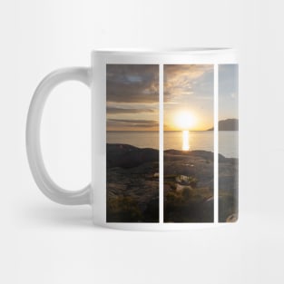 Wonderful landscapes in Norway. Vestland. Beautiful scenery of a sunset on a calm sea in a sunny day with sunrays through the clouds and a fisherman on the shore. Yellow sky and rocks Mug